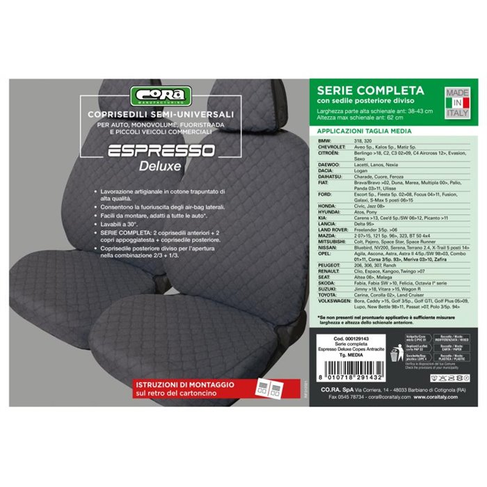 Serie completa coprisedili Espresso Deluxe tg. media post. diviso tess. cotone trapuntato antracite