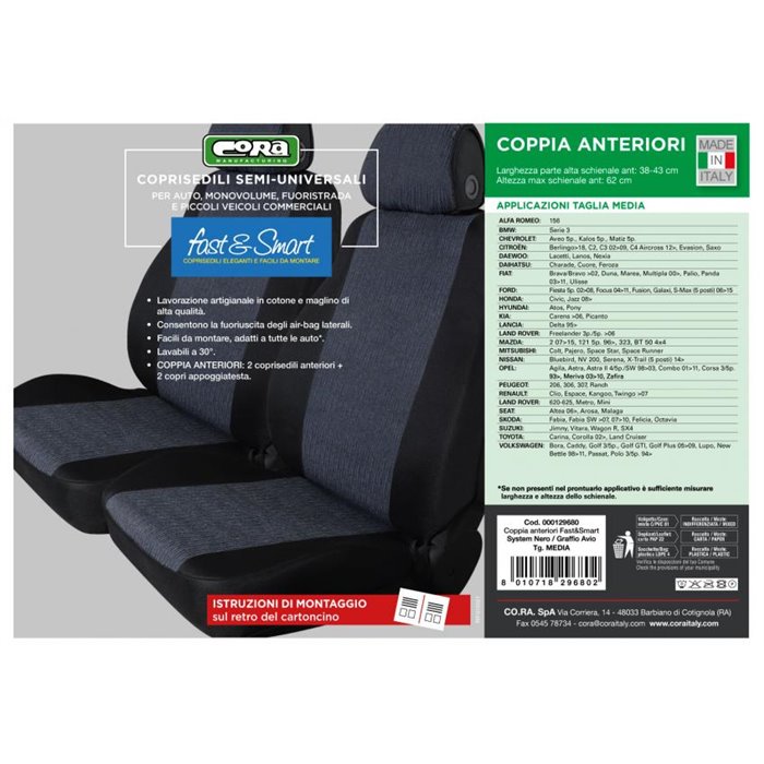 Coprisedili anteriori Fast&Smart tg. media tess. misto cotone avio/nero
