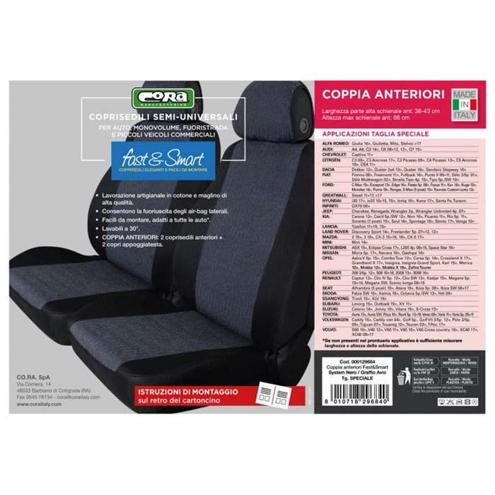 Coprisedili anteriori Fast&Smart tg. speciale tess. misto cotone avio/nero