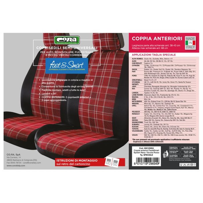 Coprisedili anteriori Fast&Smart tg. speciale tess. misto cotone rosso/nero