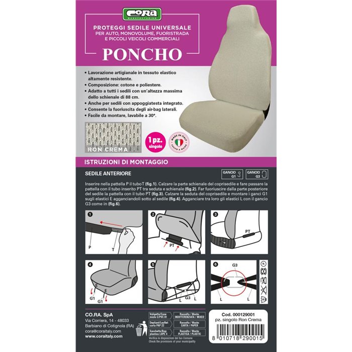 Coprisedile anteriore Poncho tess. elastico misto cotone crema