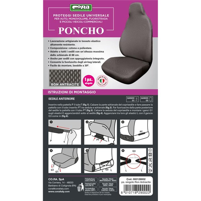 Coprisedile anteriore Poncho tess. elastico misto cotone antracite