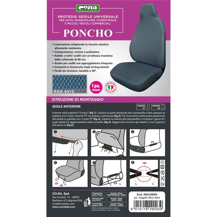 Coprisedile anteriore Poncho tess. elastico misto cotone avio