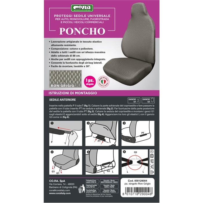 Coprisedile anteriore Poncho tess. elastico misto cotone grigio polvere