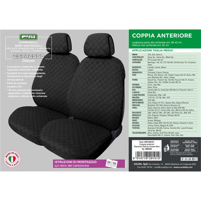 Coprisedili anteriori Espresso Deluxe tg. media tess. cotone trapuntato nero