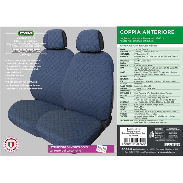 Coprisedili anteriori Espresso Deluxe tg. media tess. cotone trapuntato avio