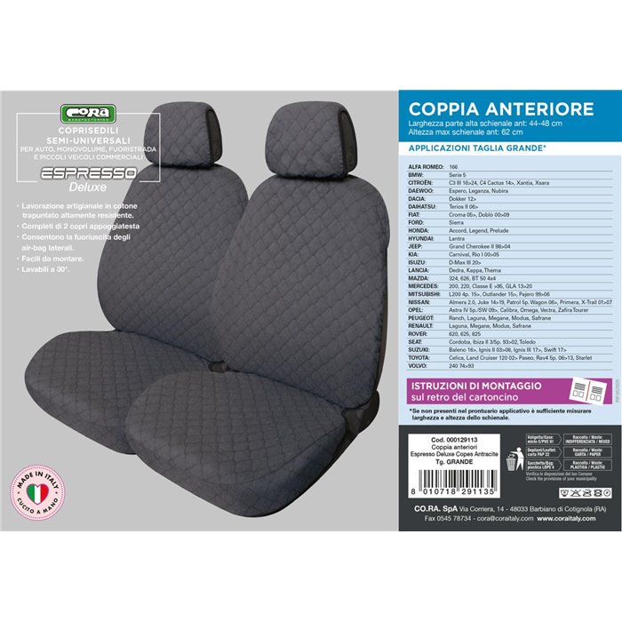 Coprisedili anteriori Espresso Deluxe tg. grande tess. cotone trapuntato antracite