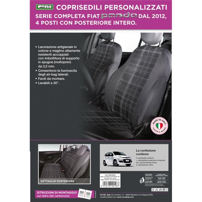 Serie completa coprisedili personalizzati Fiat Panda 12˃ 4 posti post. intero tess. misto cotone scozzese grigio/piombo