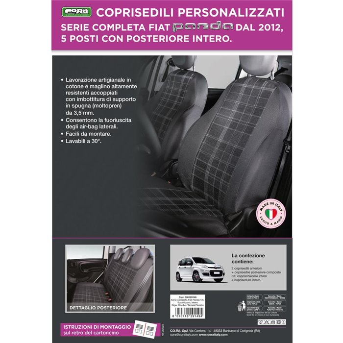 Serie completa coprisedili personalizzati Fiat Panda 12˃ 5 posti post. intero tess. misto cotone scozzese grigio/piombo