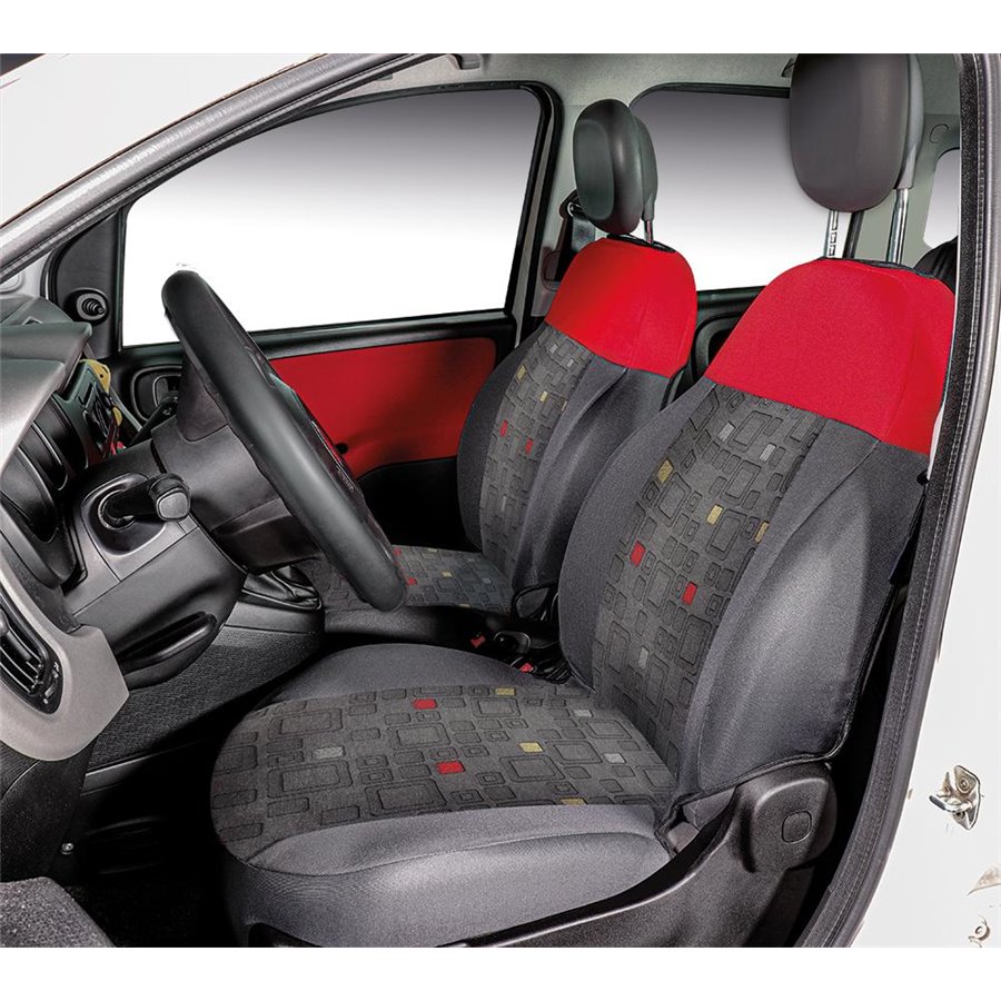 Coprisedili anteriori personalizzati Fiat Panda 12˃ tess. misto cotone quadri grigio/rosso