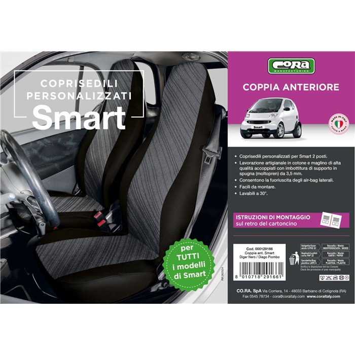 Coprisedili anteriori personalizzati Smart Fortwo tess. misto cotone grigio/nero
