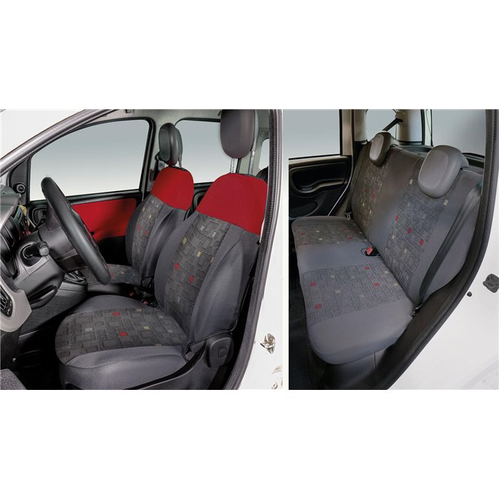 Serie completa coprisedili personalizzati Fiat Panda 12˃ 4 posti post. intero tess. misto cotone quadri grigio/rosso