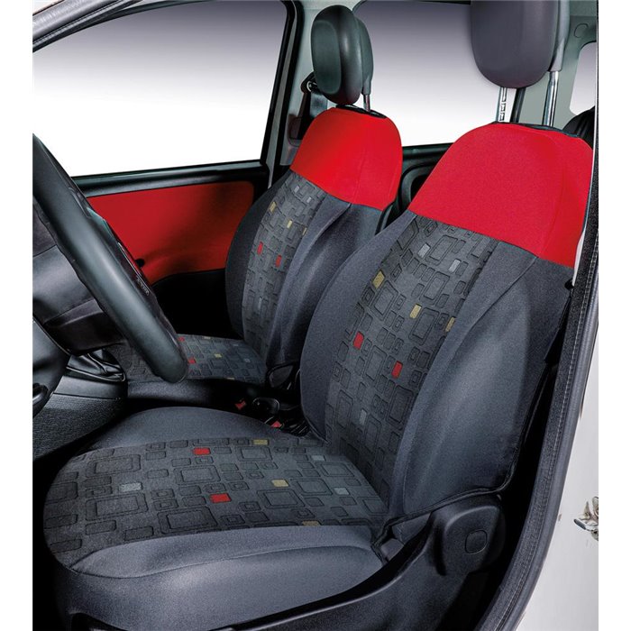 Serie completa coprisedili personalizzati Fiat Panda 12˃ 4 posti post. intero tess. misto cotone quadri grigio/rosso