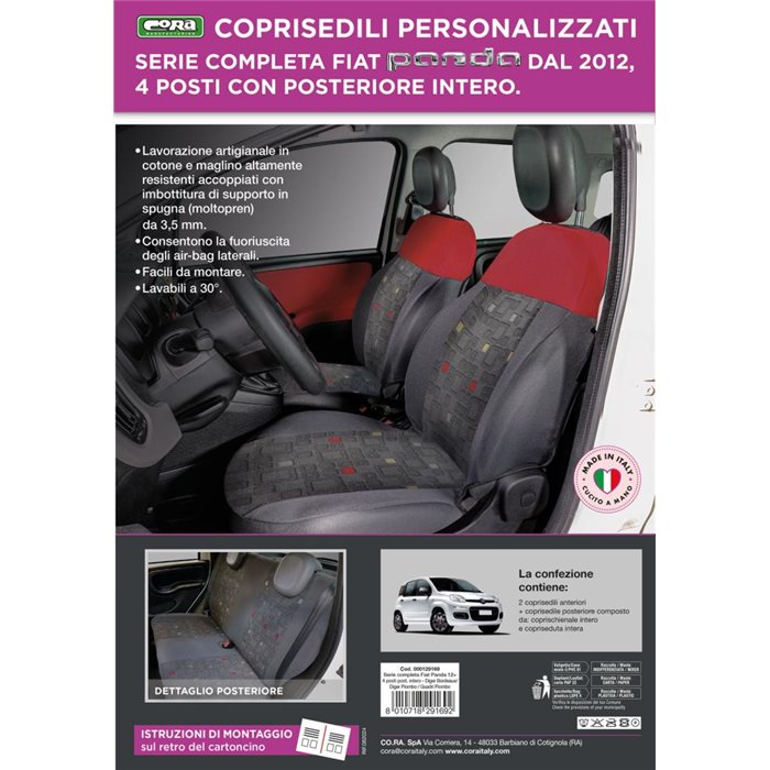 Serie completa coprisedili personalizzati Fiat Panda 12˃ 4 posti post. intero tess. misto cotone quadri grigio/rosso