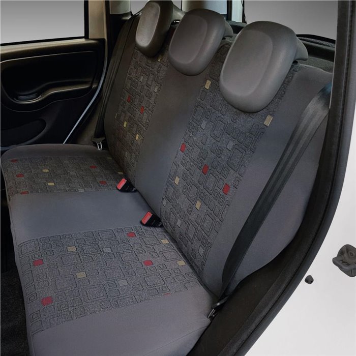 Serie completa coprisedili personalizzati Fiat Panda 12˃ 5 posti post. intero tess. misto cotone quadri grigio/rosso