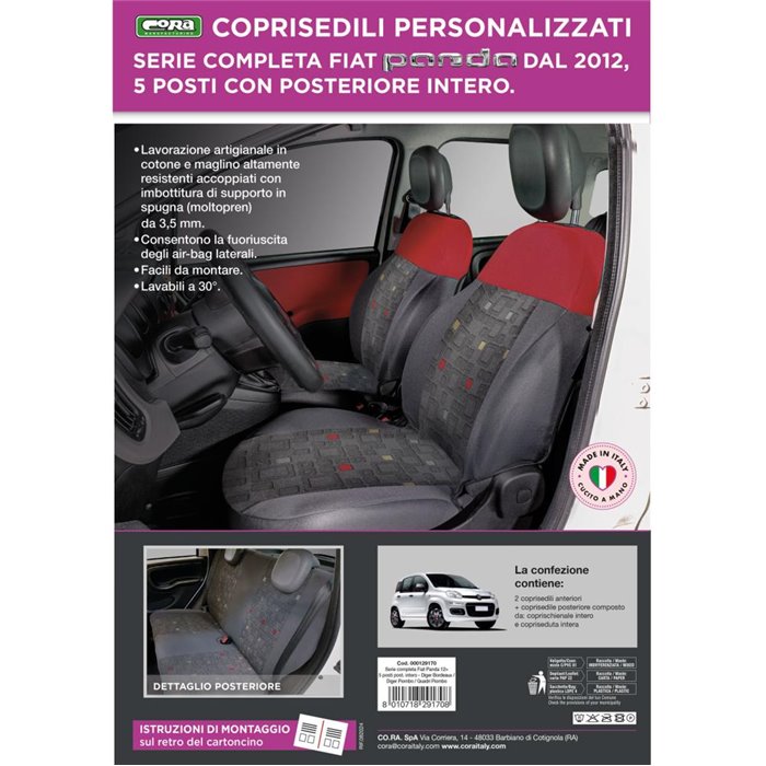 Serie completa coprisedili personalizzati Fiat Panda 12˃ 5 posti post. intero tess. misto cotone quadri grigio/rosso