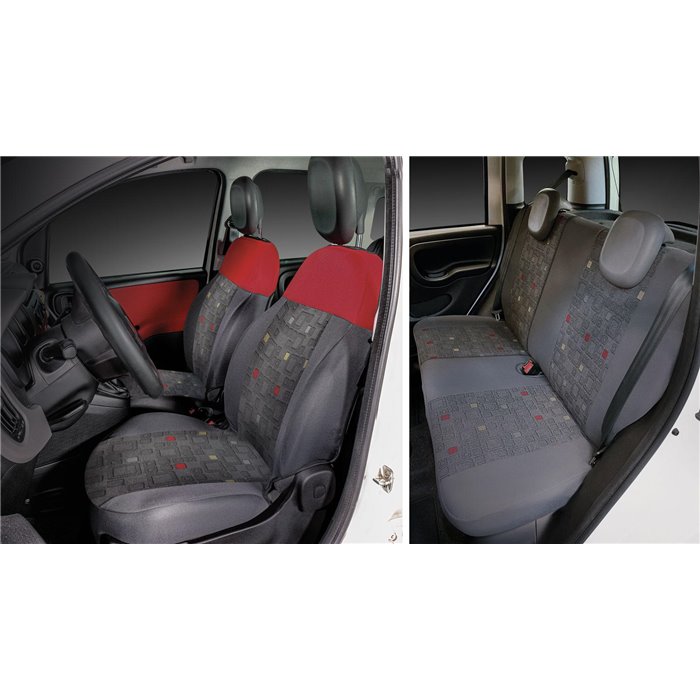 Serie completa coprisedili personalizzati Fiat Panda 12˃ 4 posti post. diviso tess. misto cotone quadri grigio/rosso