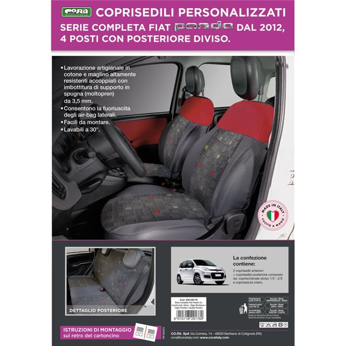 Serie completa coprisedili personalizzati Fiat Panda 12˃ 4 posti post. diviso tess. misto cotone quadri grigio/rosso
