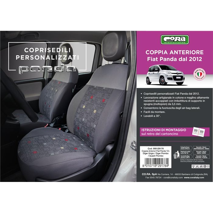 Coprisedili anteriori personalizzati Fiat Panda 12˃ tess. misto cotone quadri grigio/piombo