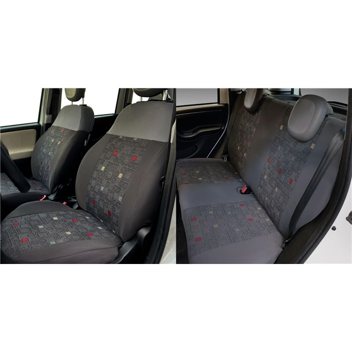 Serie completa coprisedili personalizzati Fiat Panda 12˃ 4 posti post. intero tess. misto cotone quadri grigio/piombo