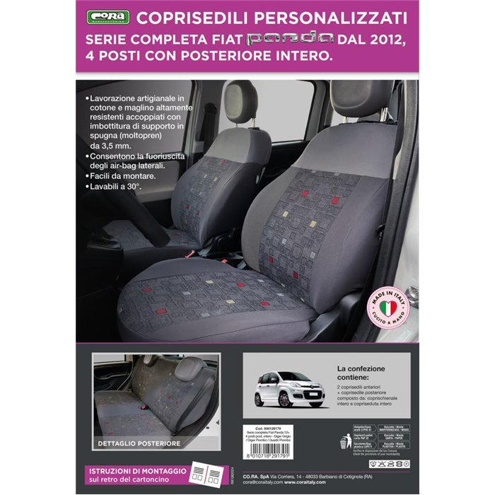 Serie completa coprisedili personalizzati Fiat Panda 12˃ 4 posti post. intero tess. misto cotone quadri grigio/piombo