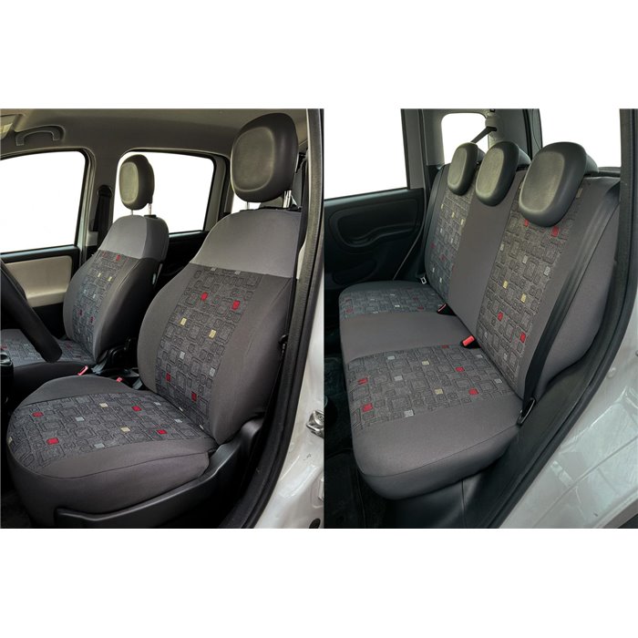 Serie completa coprisedili personalizzati Fiat Panda 12˃ 5 posti post. intero tess. misto cotone quadri grigio/piombo