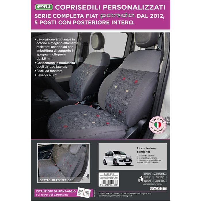 Serie completa coprisedili personalizzati Fiat Panda 12˃ 5 posti post. intero tess. misto cotone quadri grigio/piombo