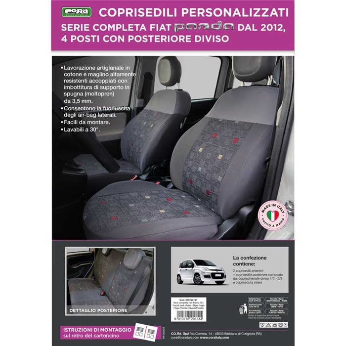 Serie completa coprisedili personalizzati Fiat Panda 12˃ 4 posti post. diviso tess. misto cotone quadri grigio/piombo