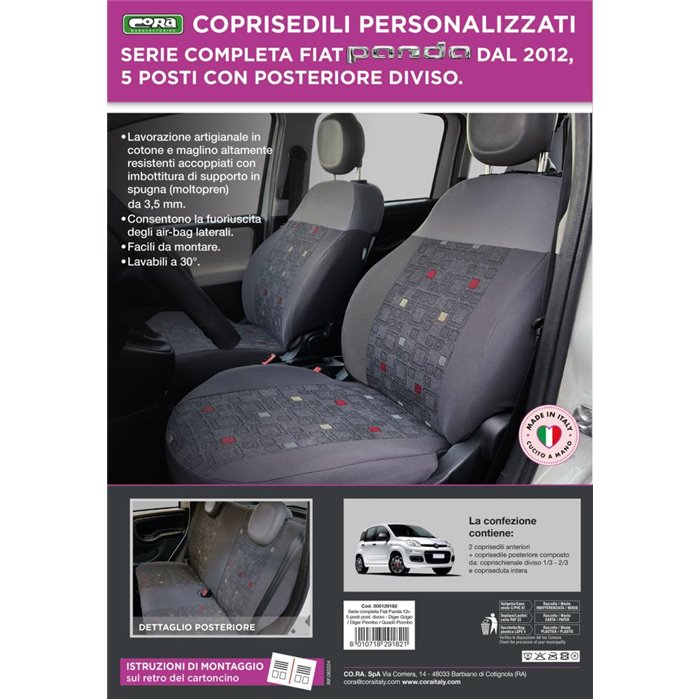 Serie completa coprisedili personalizzati Fiat Panda 12˃ 5 posti post. diviso tess. misto cotone quadri grigio/piombo