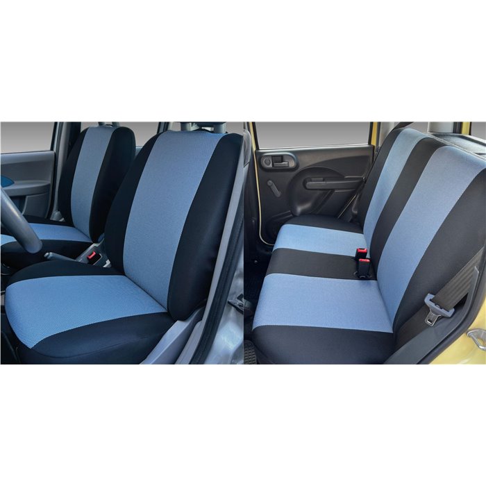 Serie completa coprisedili personalizzati Fiat Panda II 03˃ 4 posti post. intero tess. cotone nero/avio