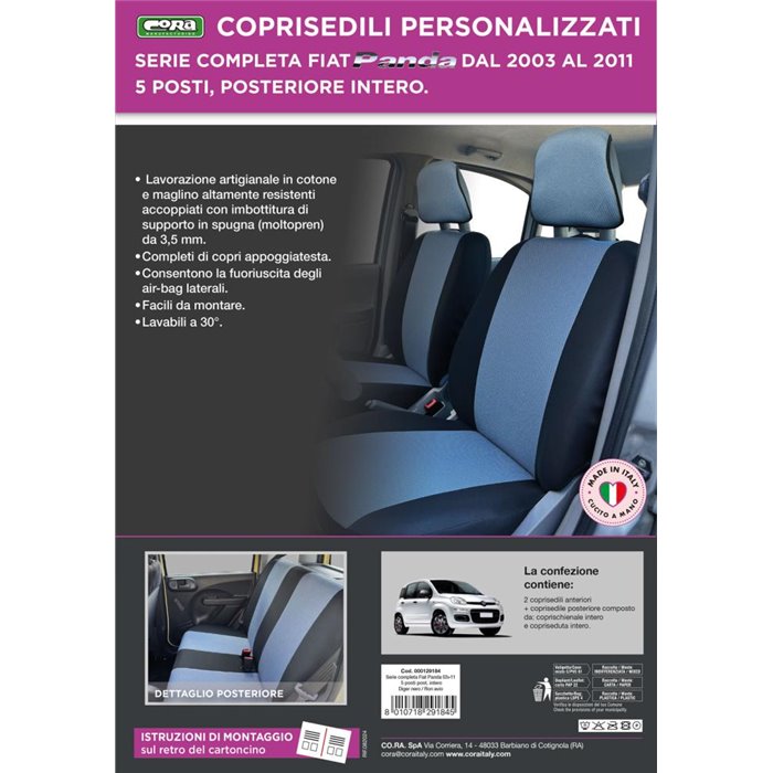 Serie completa coprisedili personalizzati Fiat Panda II 03˃ 5 posti post. intero tess. cotone nero/avio