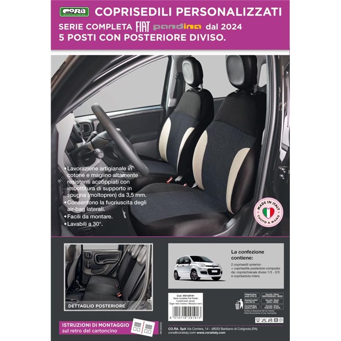 Serie completa coprisedili personalizzati Fiat Pandina 24˃ 5 posti post. diviso tess. misto cotone nero/crema