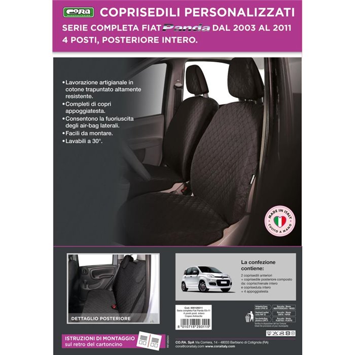 Serie completa coprisedili personalizzati Fiat Panda II 03˃ 4 posti post. intero tess. cotone trapuntato antracite