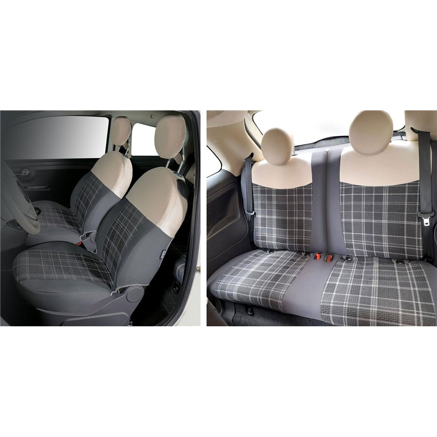 Serie completa coprisedili personalizzati Fiat 500 07˃  post. diviso tess. misto cotone scozzese grigio/panna