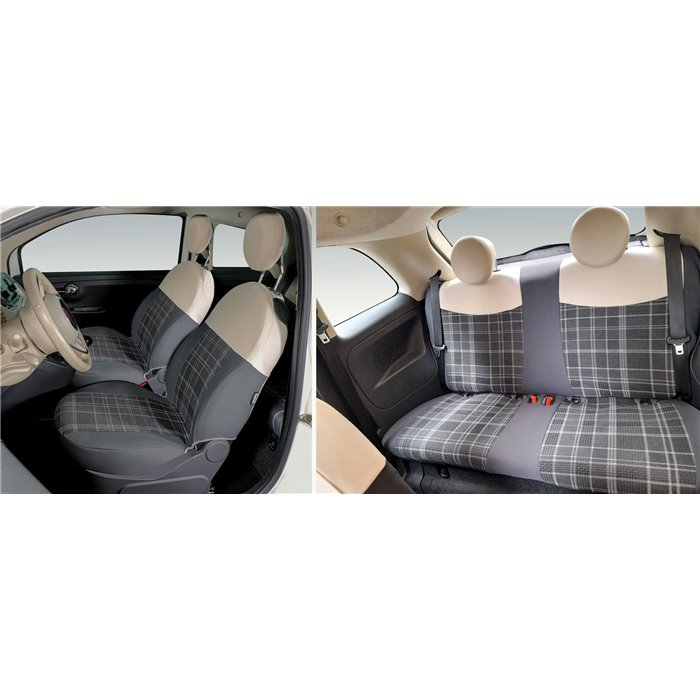 Serie completa coprisedili personalizzati Fiat 500 07˃  post. intero tess. misto cotone scozzese grigio/panna