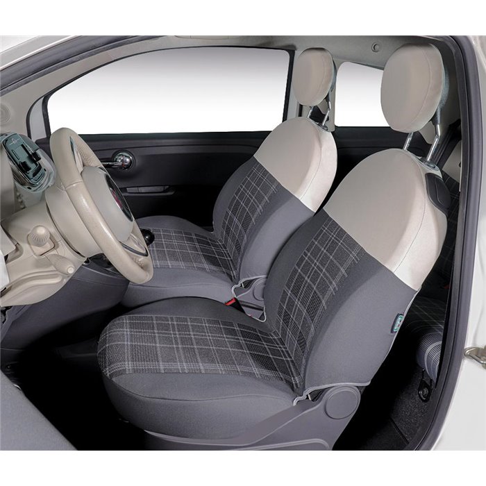 Serie completa coprisedili personalizzati Fiat 500 07˃  post. intero tess. misto cotone scozzese grigio/panna