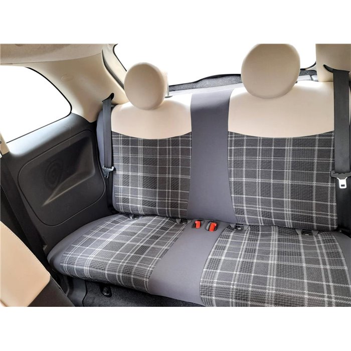 Serie completa coprisedili personalizzati Fiat 500 07˃  post. intero tess. misto cotone scozzese grigio/panna