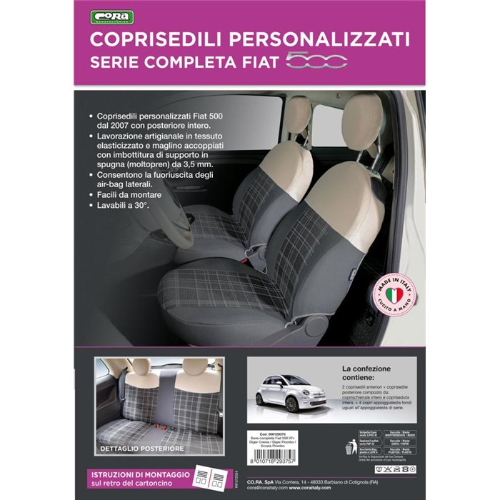 Serie completa coprisedili personalizzati Fiat 500 07˃  post. intero tess. misto cotone scozzese grigio/panna