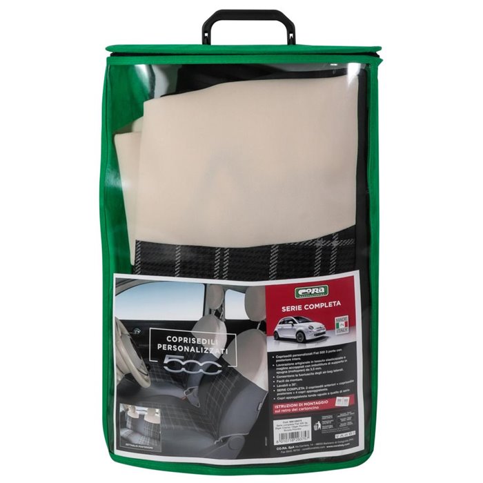 Serie completa coprisedili personalizzati Fiat 500 07˃  post. intero tess. misto cotone scozzese grigio/panna