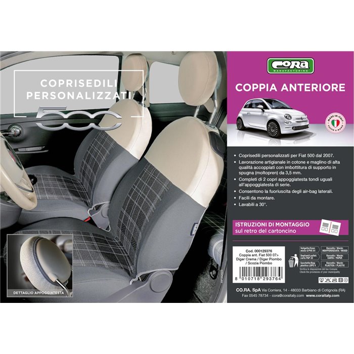 Coprisedili anteriori personalizzati Fiat 500 07˃  tess. misto cotone scozzese grigio/panna