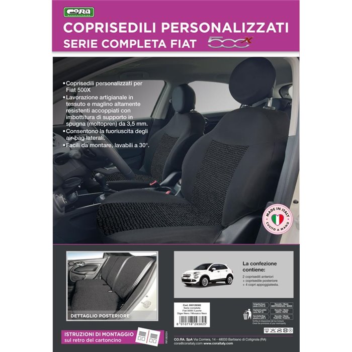 Serie completa coprisedili personalizzati Fiat 500X tess. misto cotone mosaico nero