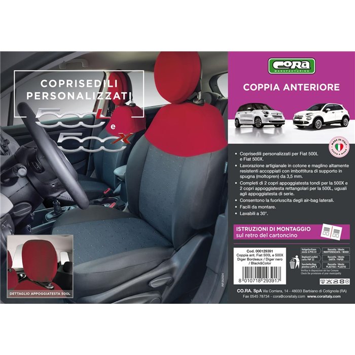 Coprisedili anteriori personalizzati Fiat 500X e 500L tess. nero/rosso