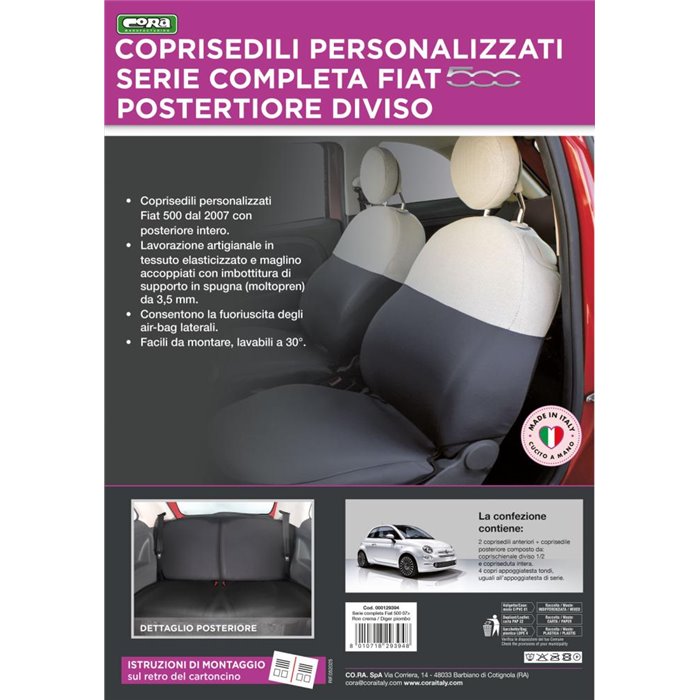Serie completa coprisedili personalizzati Fiat 500 07˃  post. diviso tess. misto cotone grigio/panna