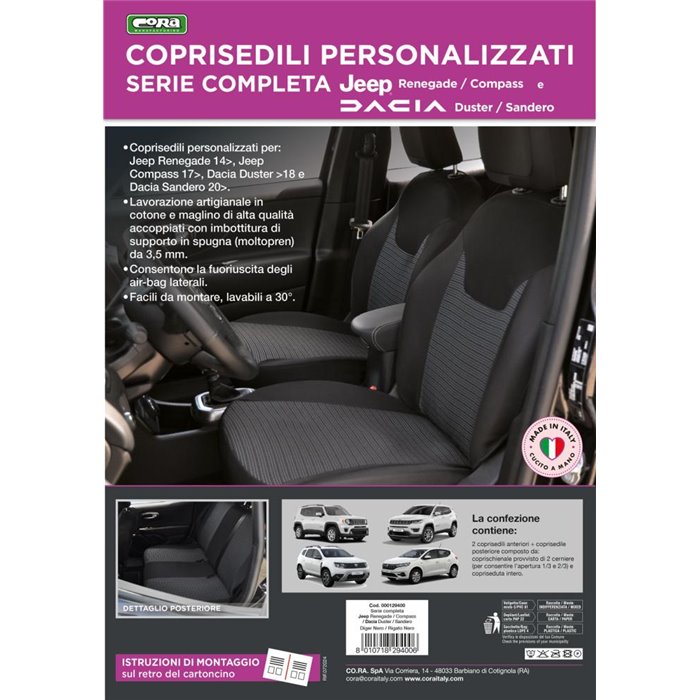 Serie completa coprisedili personalizzati JEEP Renegade 14˃/Compass 17˃, DACIA Duster I 10˃18 / Sandero 20˃ tess. rigato nero