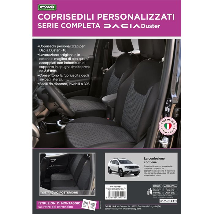 Serie completa coprisedili personalizzati DACIA Duster II/III 18˃24, 24˃ tess. rigato nero