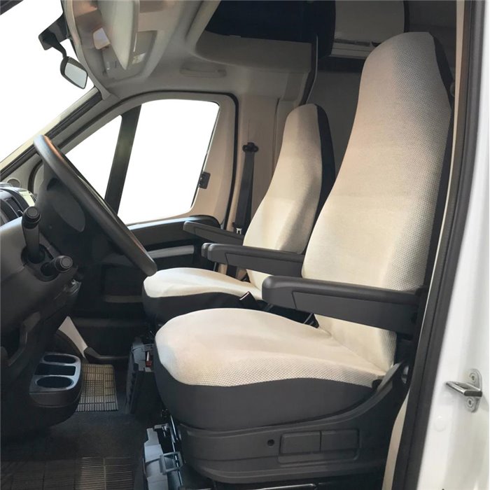 Coprisedili anteriori personalizzati Fiat Ducato camper 06˃ tess. misto cotone piombo/crema
