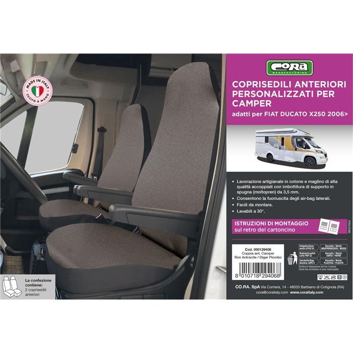 Coprisedili anteriori personalizzati Fiat Ducato camper 06˃ tess. misto cotone piombo/antracite