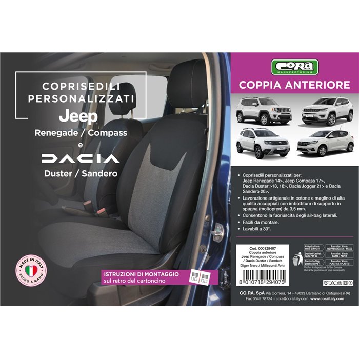Coprisedili anteriori personalizzati JEEP Renegade 14˃/Compass 17˃, DACIA Duster 10˃/Sandero 20˃/Jogger 21˃ tess. millepunti ant