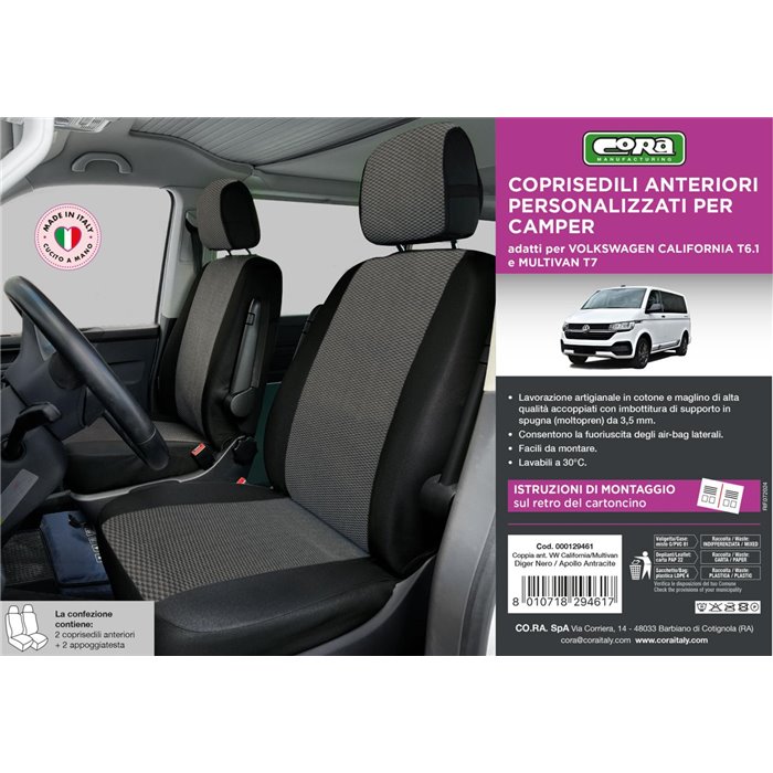 Coprisedili anteriori Volkswagen California/Multivan T6.1/T7 tess. misto cotone nero/antracite 