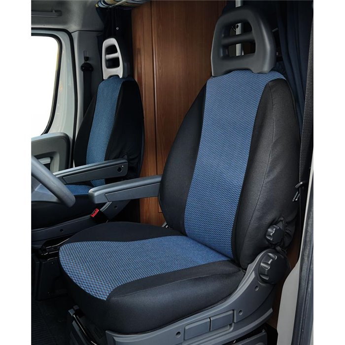 Coprisedili anteriori personalizzati Fiat Ducato camper 02˃06 tess. misto cotone nero/avio